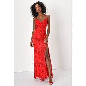 Lulus Blissful Blossoms Red Sequin Backless Embroidered Mesh Maxi Dress - XL